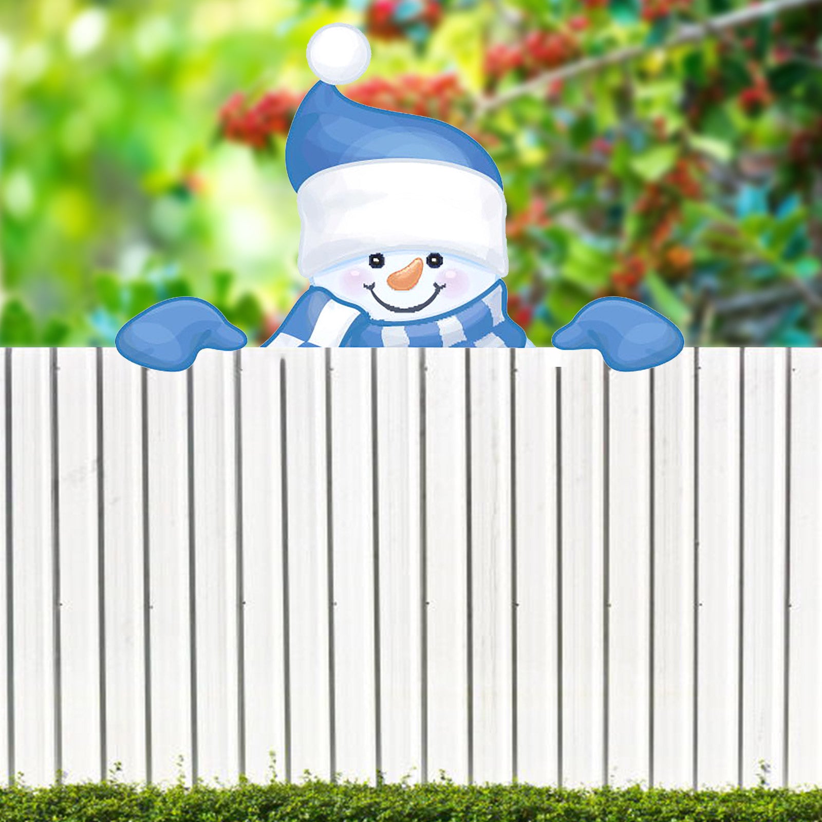 Christmas themed fence garden top decoration snowman front view LumiqHome
