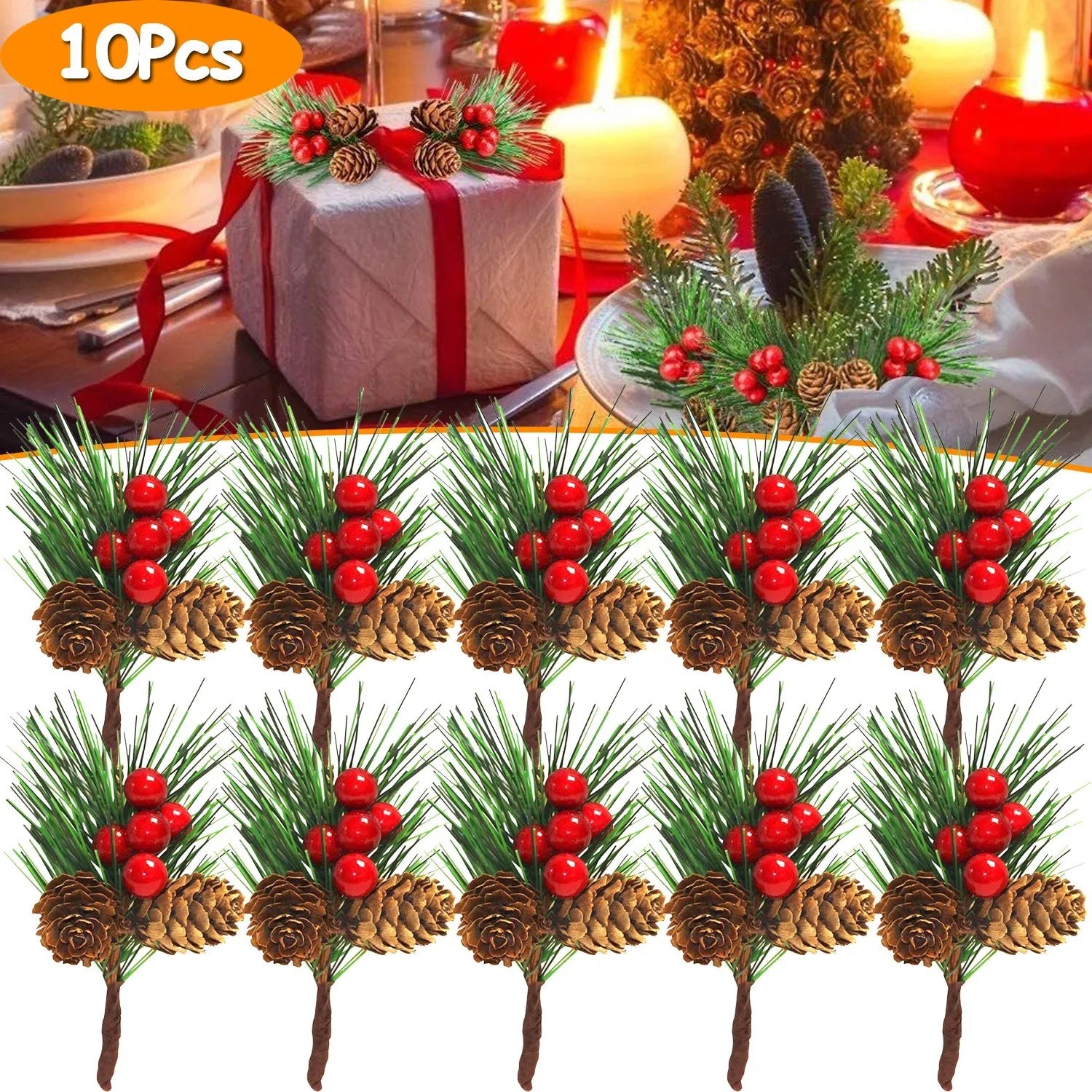 10 PCS Christmas Mini Artificial Pine Picks With Red Be by LumiqHome – elegant holiday home décor in a cozy setting