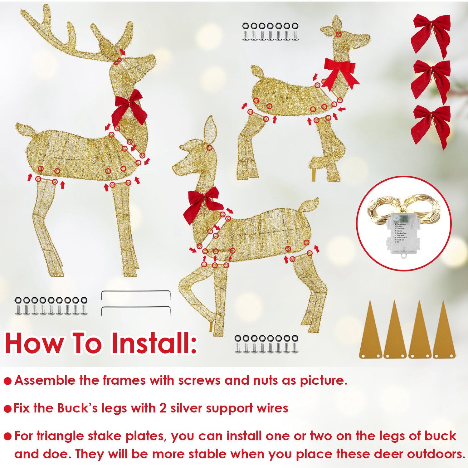 3-Piece Pre-Lit Golden Reindeer Family Set - 200 Warm White LEDs Outdoor - LumiqHome