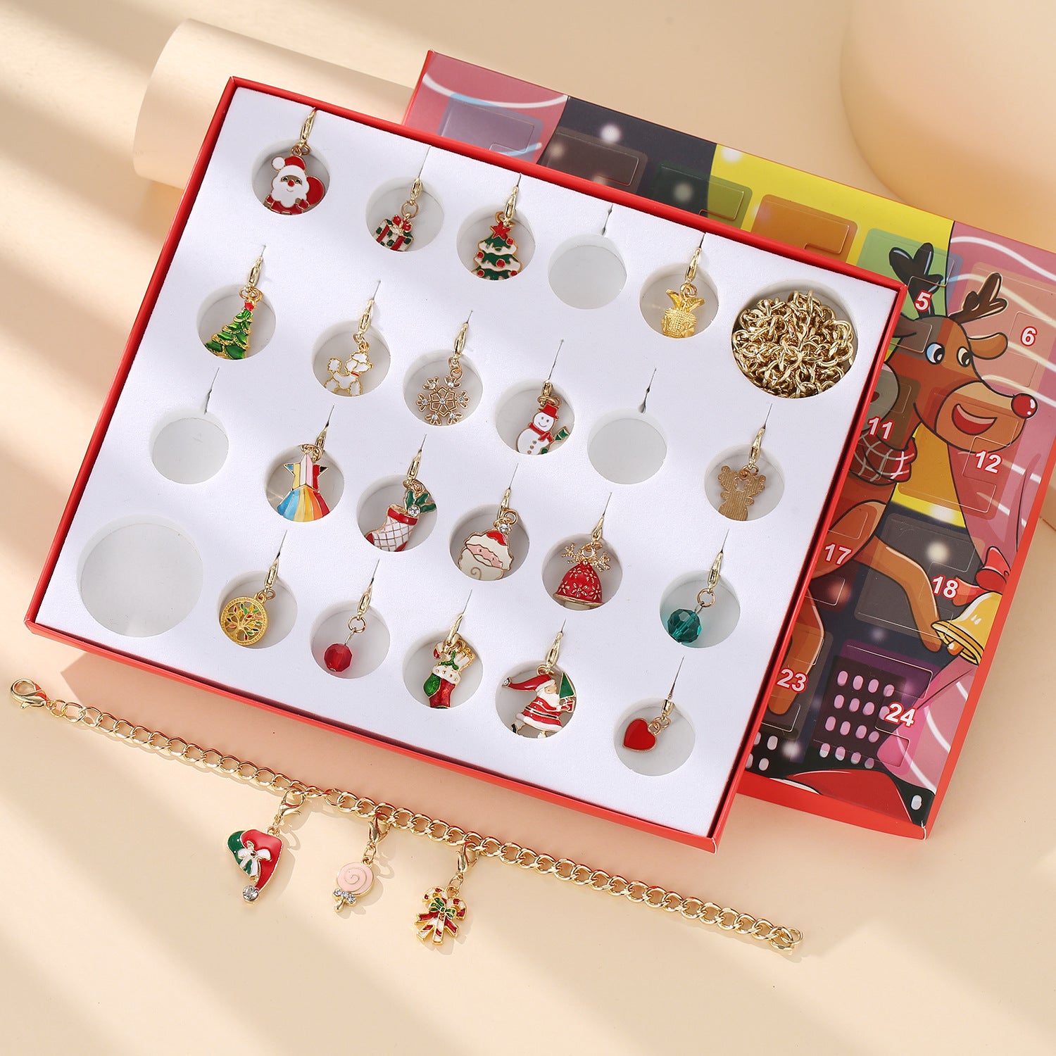Christmas advent calendar charm jewelry packaging flat lay LumiqHome