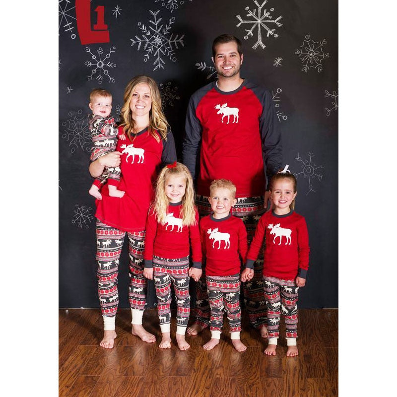 Family matching Christmas pajamas kids red reindeer front LumiqHome