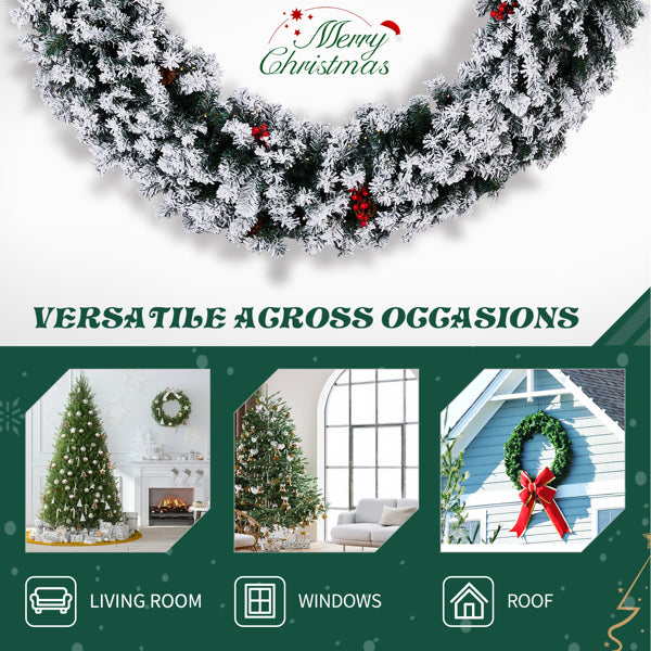 60in Pre-Lit Snow Flocked Christmas Wreath - 220 Warm White Lights 600 Tips - LumiqHome