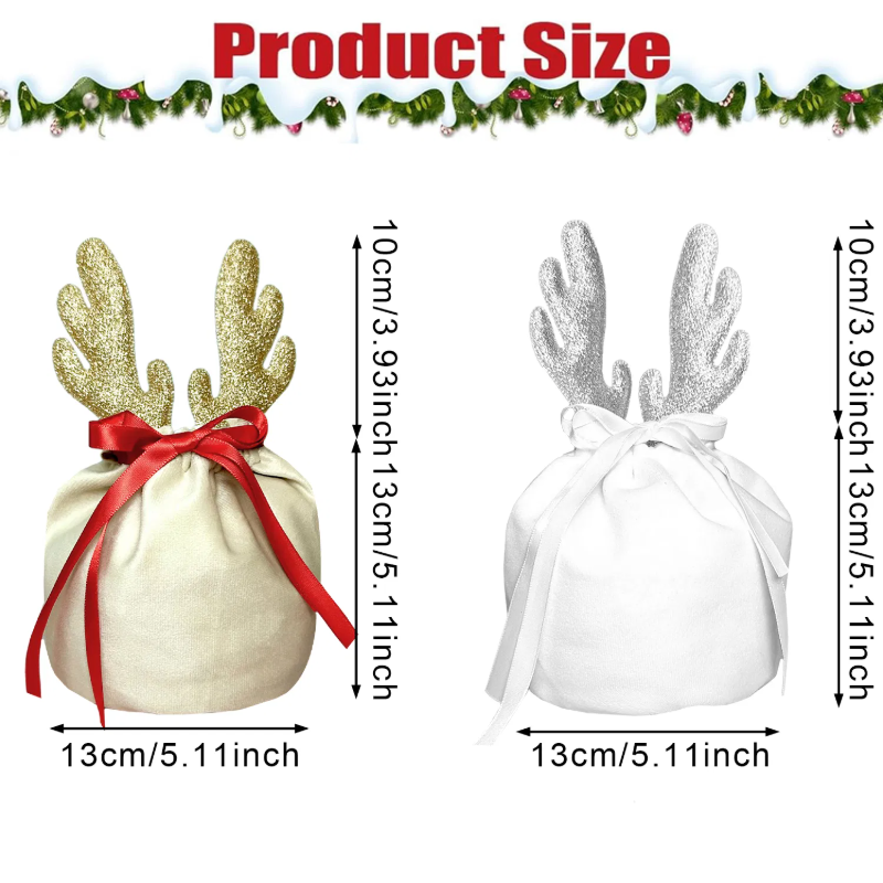 Christmas Antler Flannel Gift Bags Set of 5 - Reusable Drawstring Pouches - LumiqHome