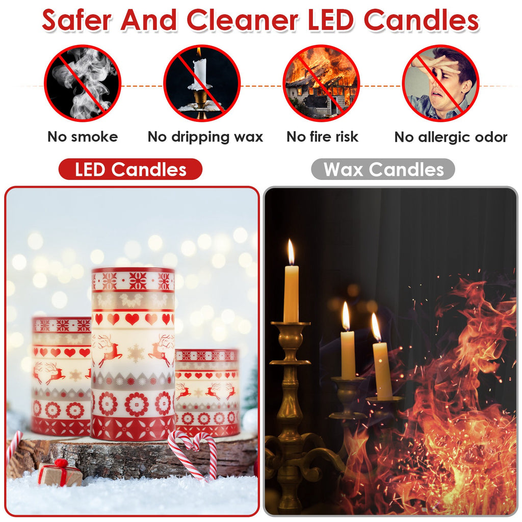 Christmas Flameless LED Pillar Candles Set of 3 - Deer Design with Remote - LumiqHome