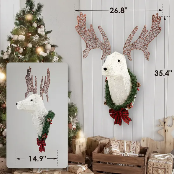 Pre-Lit 3D Reindeer Head Christmas Wall Decor - 39 LED Hanging Wreath - LumiqHome