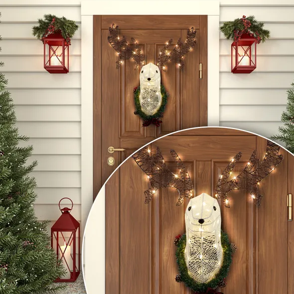 Pre-Lit 3D Reindeer Head Christmas Wall Decor - 39 LED Hanging Wreath - LumiqHome