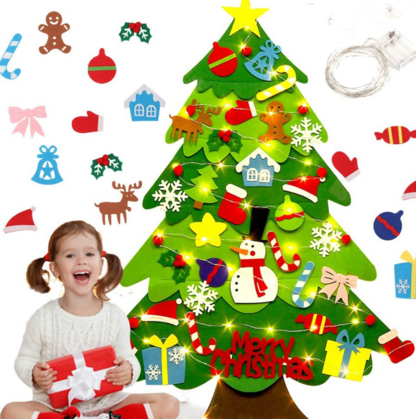 Felt 3D Christmas tree decoration with lights and colorful ornaments, featuring a child happily holding presents.