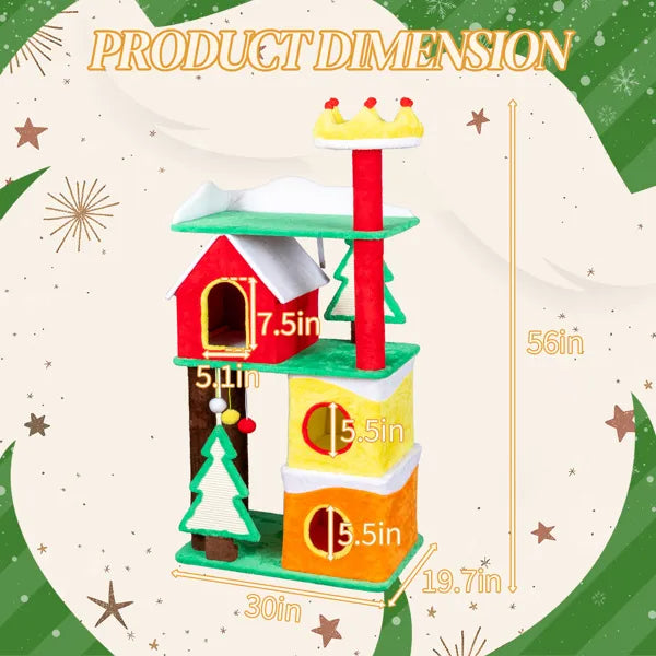 56" Christmas Themed Plush Cat Tree – Multi-Level Cat Tower – LumiqHome