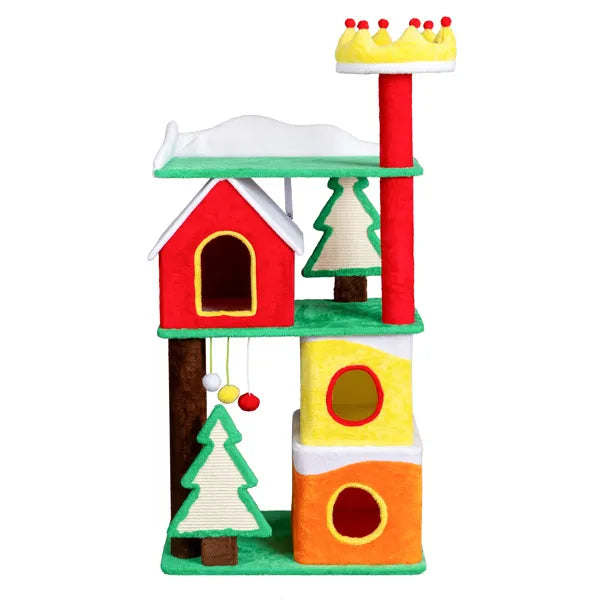 56" Christmas Themed Plush Cat Tree – Multi-Level Cat Tower – LumiqHome