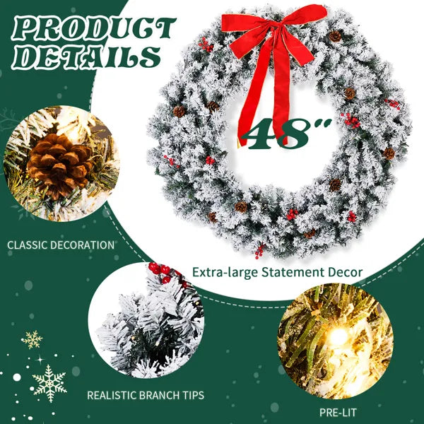 48in Pre-Lit Snow Flocked Christmas Wreath - 150 Warm White Lights 450 Tips - LumiqHome