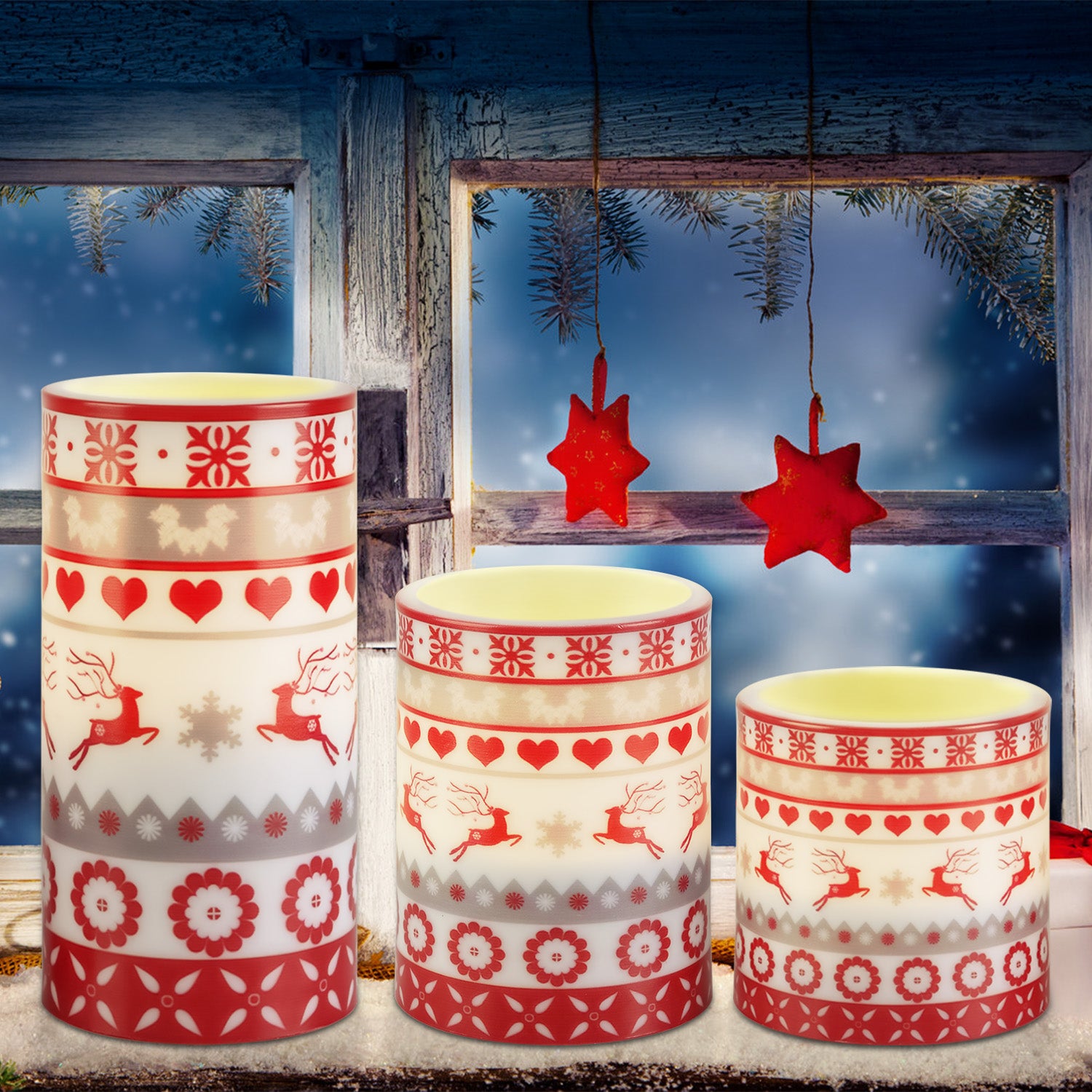 Christmas Flameless LED Pillar Candles Set of 3 - Deer Design with Remote - LumiqHome