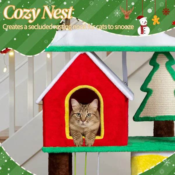 56" Christmas Themed Plush Cat Tree – Multi-Level Cat Tower – LumiqHome