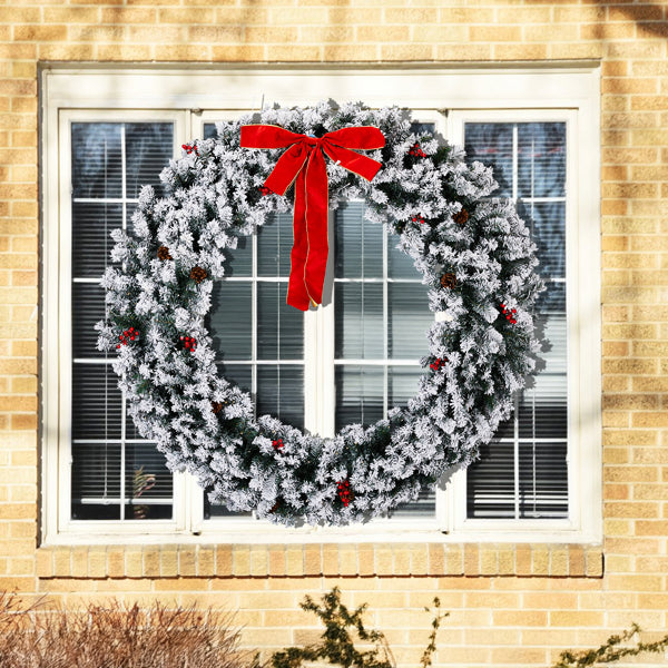 60in Pre-Lit Snow Flocked Christmas Wreath - 220 Warm White Lights 600 Tips - LumiqHome