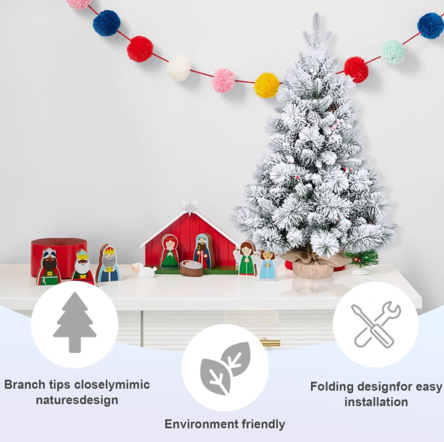 3ft Snow Flocked Tabletop Christmas Tree - 14 Pine Cones & Red Berries - LumiqHome