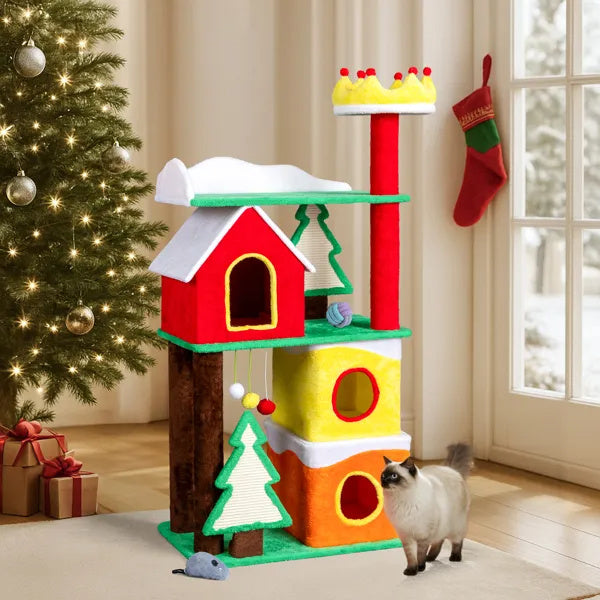 56in Christmas Themed Plush Cat Tree, Multi-level Cat T by LumiqHome – elegant holiday home décor in a cozy setting