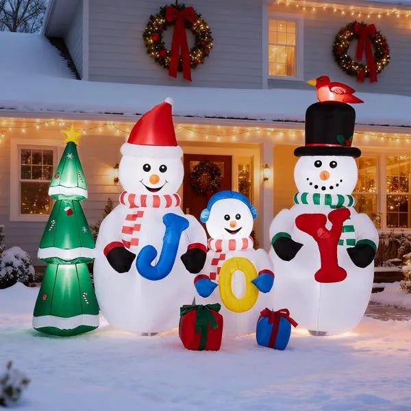 8ft LED Inflatable Snowman Family with JOY Sign & Christmas Tree - LumiqHome