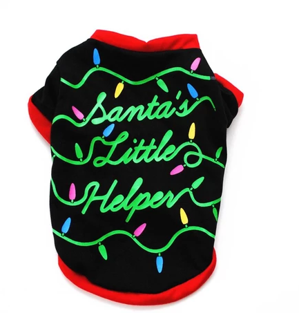 Dog Christmas costume sweatshirt black santas helper flat lay LumiqHome