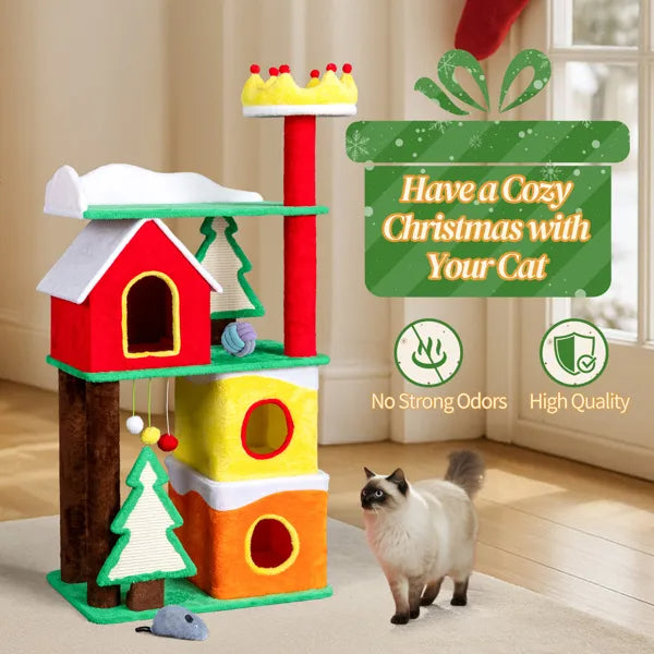56" Christmas Themed Plush Cat Tree – Multi-Level Cat Tower – LumiqHome