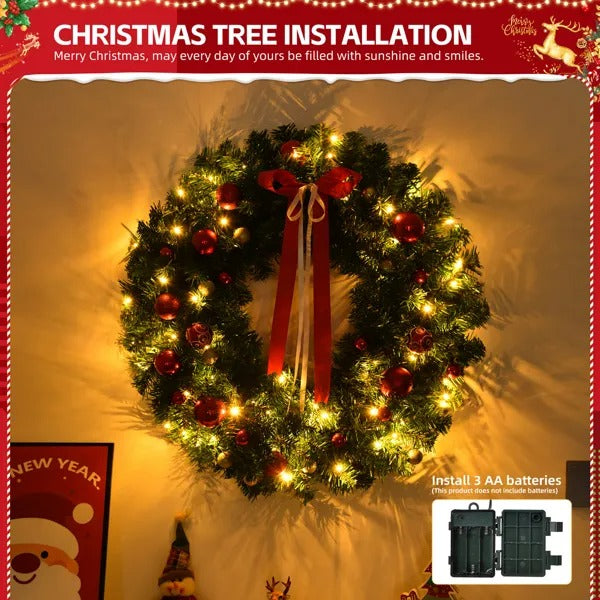 36in Pre-Lit Battery Powered Christmas Wreath - 80 Lights 270 Tips 18 Ornaments - LumiqHome