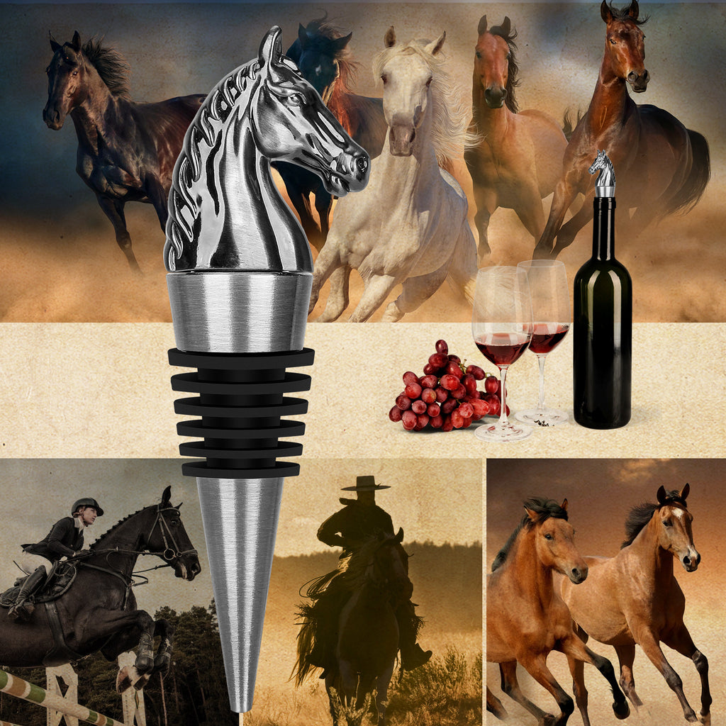Horse head wine stopper with detailed design and measurements for wine bottle decor, 10cm tall.