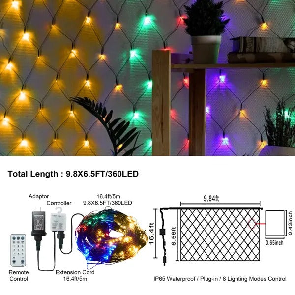 Christmas LED Mesh Net Lights - 9.8x6.5ft 360 LEDs 8 Modes Remote - LumiqHome