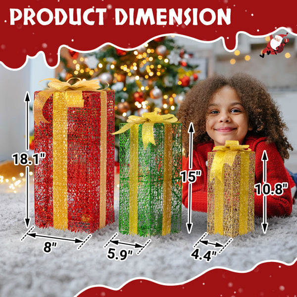 LED Light-Up Christmas Gift Boxes Set of 3 - Green & Gold Large Nesting - LumiqHome
