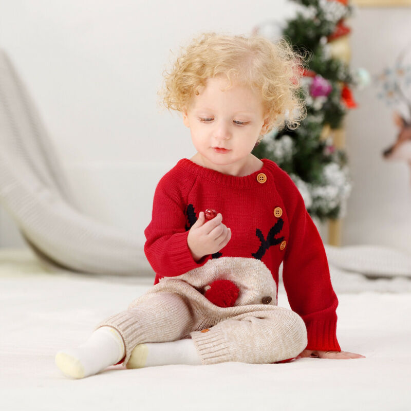Kids Christmas deer romper red knitted cartoon – baby boy girl holiday outfit LumiqHome