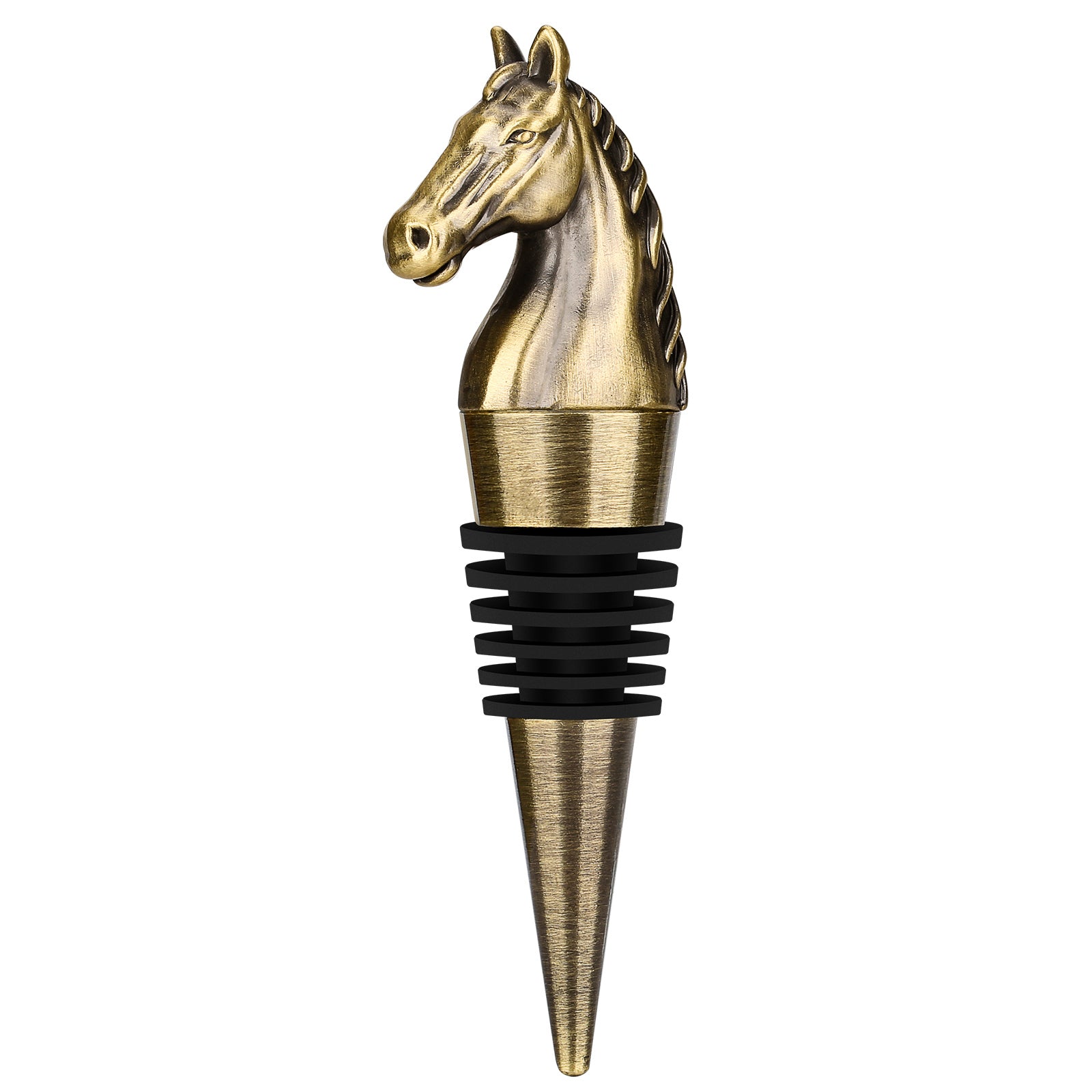 Horse head wine stopper with detailed design and measurements for wine bottle decor, 10cm tall.