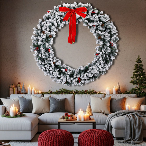 60in Pre-Lit Snow Flocked Christmas Wreath - 220 Warm White Lights 600 Tips - LumiqHome