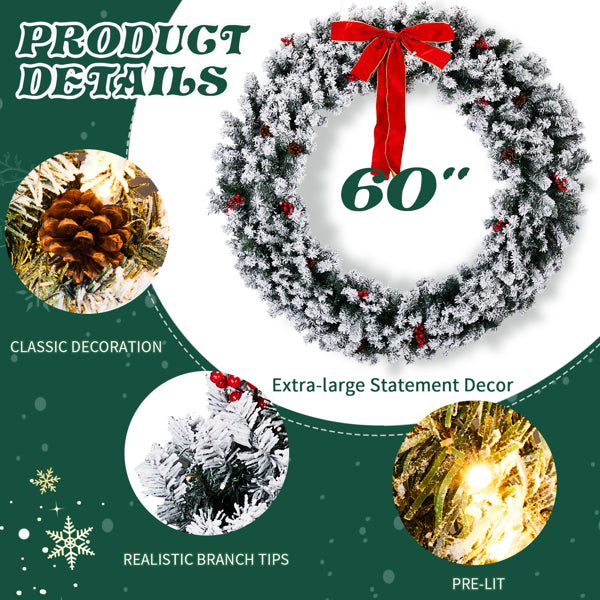 60in Pre-Lit Snow Flocked Christmas Wreath - 220 Warm White Lights 600 Tips - LumiqHome