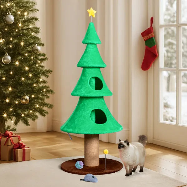 59" Christmas Tree Cat Tower – Large Cat Tree with Condos & Scratching Post – LumiqHome
