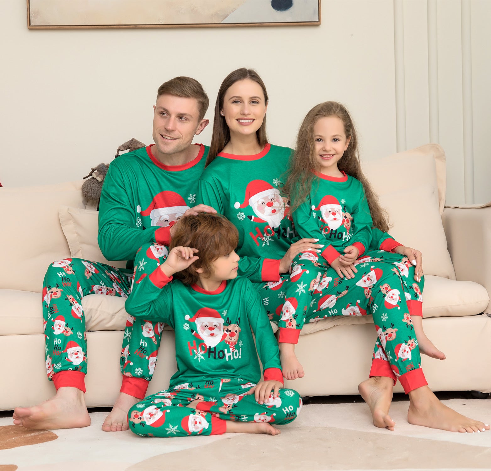 Family matching Christmas pajamas family seated LumiqHome