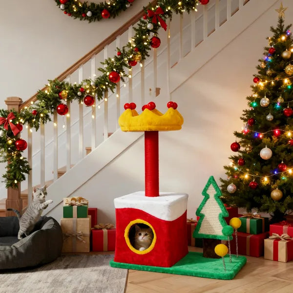 29.5" Christmas Themed Plush Cat Tree – Multi-Level Cat Tower – LumiqHome