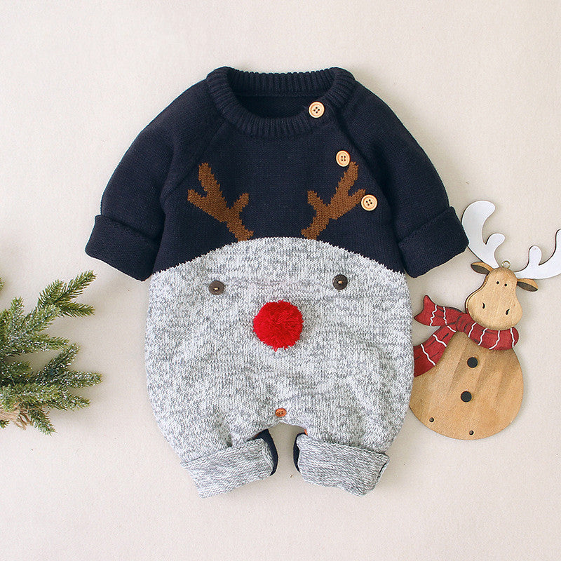 Kids Christmas deer romper navy knitted – festive baby boy girl jumpsuit LumiqHome
