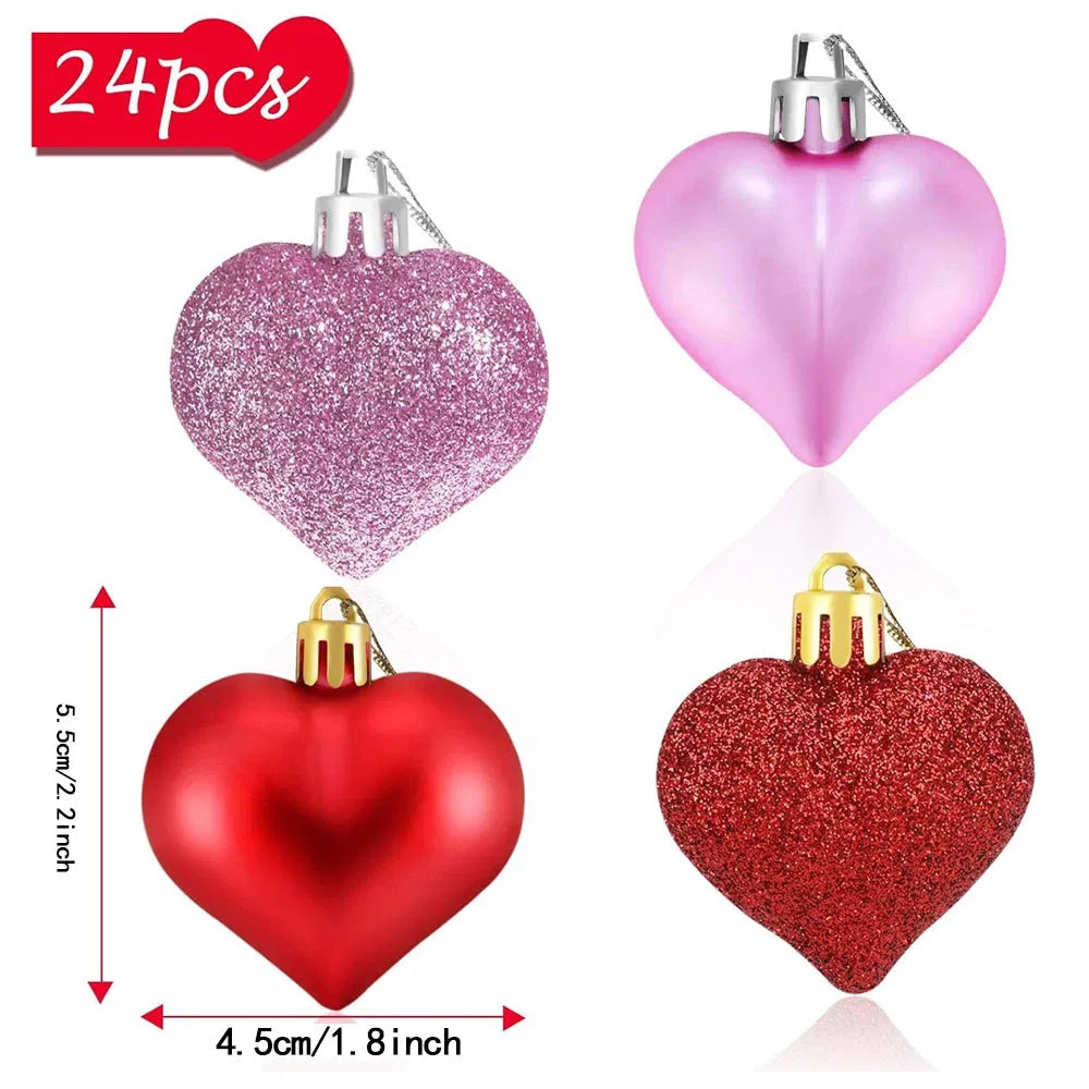 Christmas Heart Shape Ornaments Set of 12 - Gold Red Pink Silver Glossy & Matte - LumiqHome