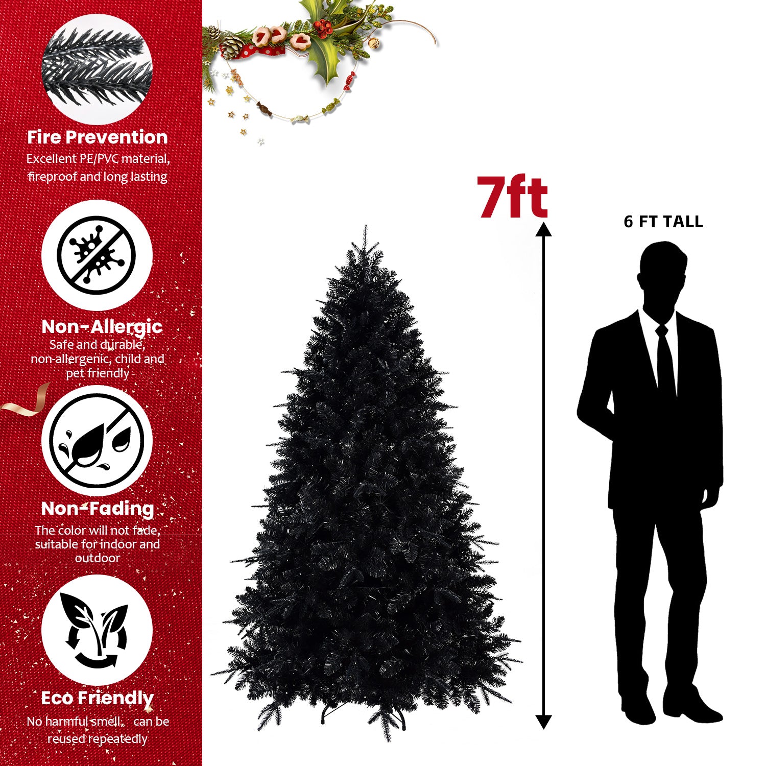 Pre-Lit Black Artificial Christmas Tree with White Lights - 5ft to 9ft - LumiqHome