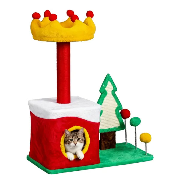 29.5" Christmas Themed Plush Cat Tree – Multi-Level Cat Tower – LumiqHome