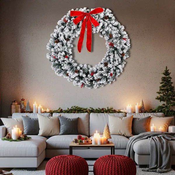 48in Pre-Lit Snow Flocked Christmas Wreath - 150 Warm White Lights 450 Tips - LumiqHome