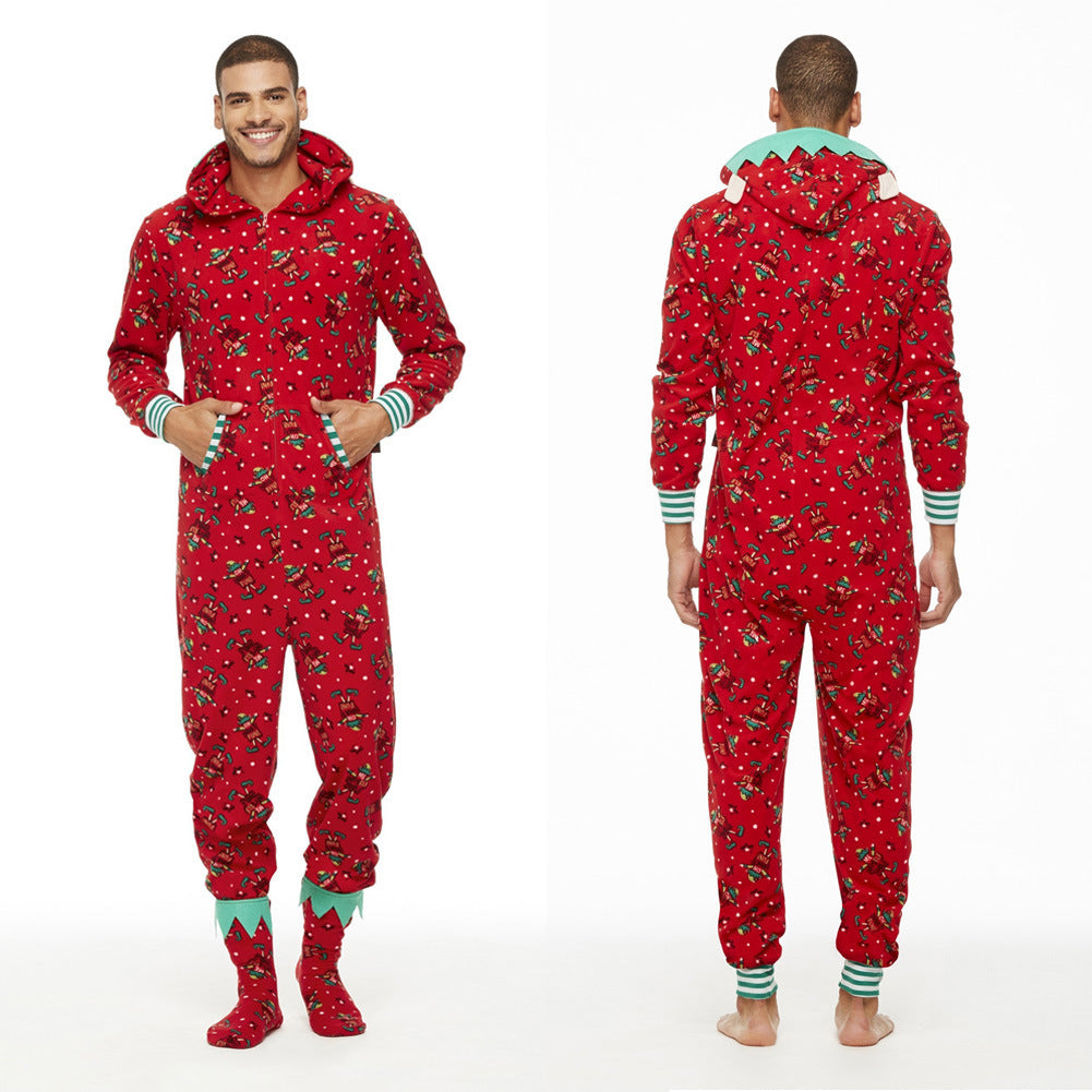 Parent-child hooded Christmas print jumpsuit adult child red close-up LumiqHome