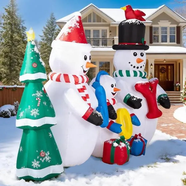 8ft LED Inflatable Snowman Family with JOY Sign & Christmas Tree - LumiqHome