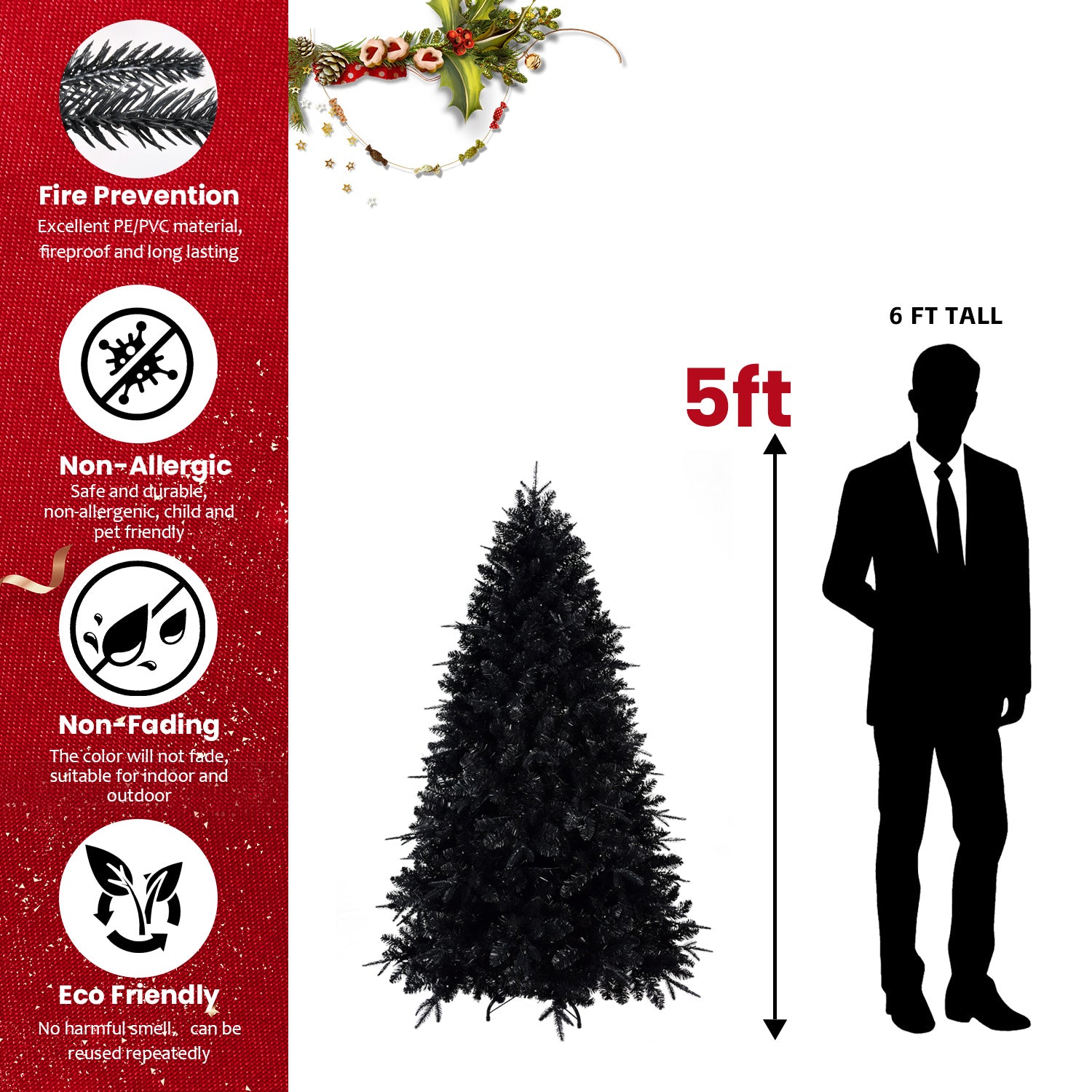 Pre-Lit Black Artificial Christmas Tree with White Lights - 5ft to 9ft - LumiqHome