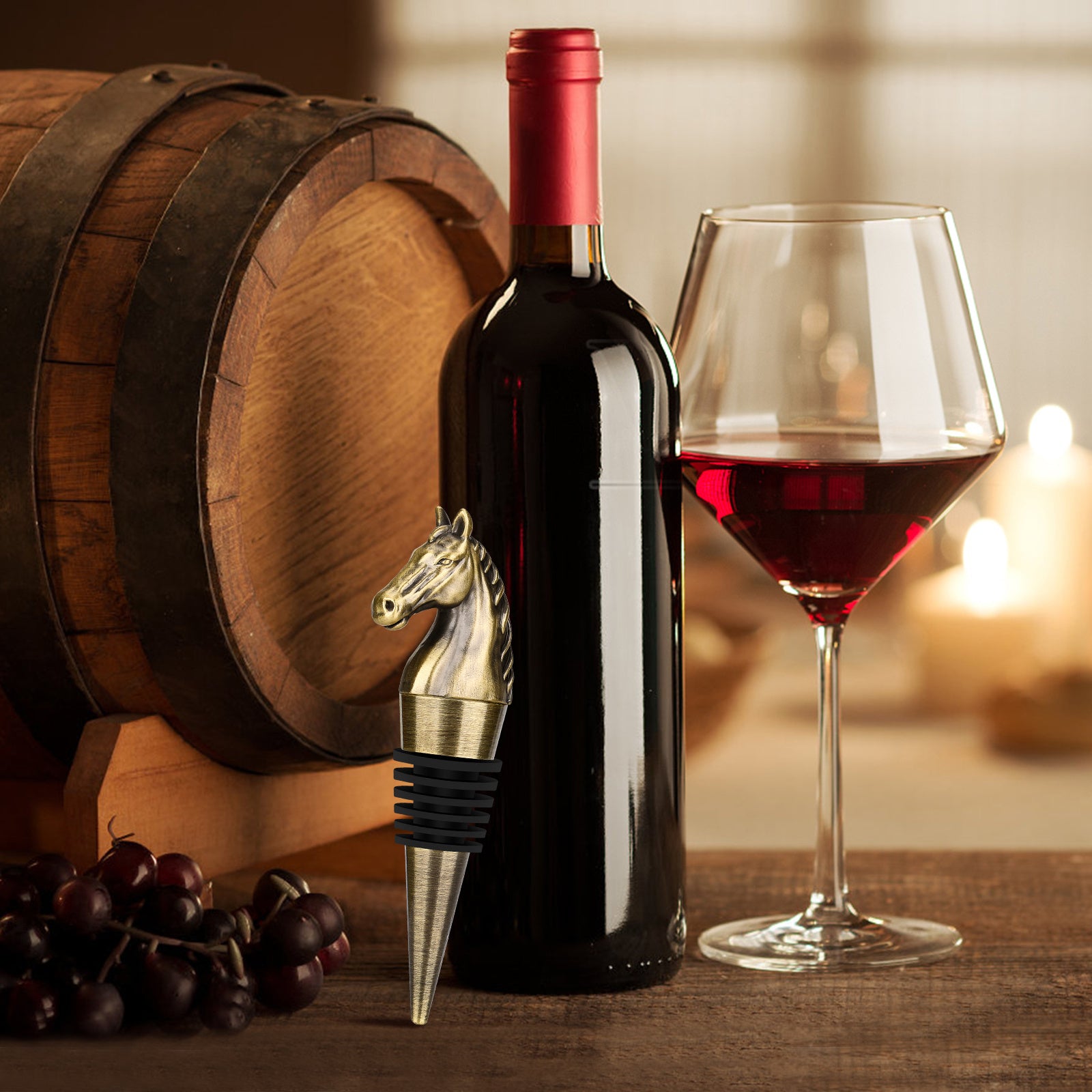 Horse head wine stopper with detailed design and measurements for wine bottle decor, 10cm tall.
