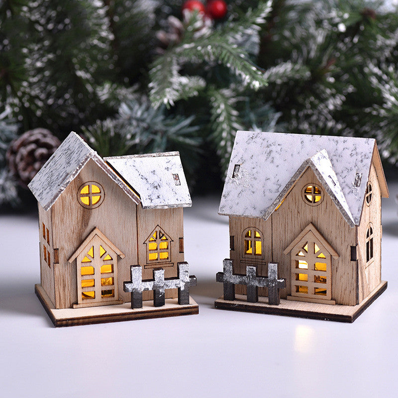 LED wooden Christmas house duo lit snowy night LumiqHome
