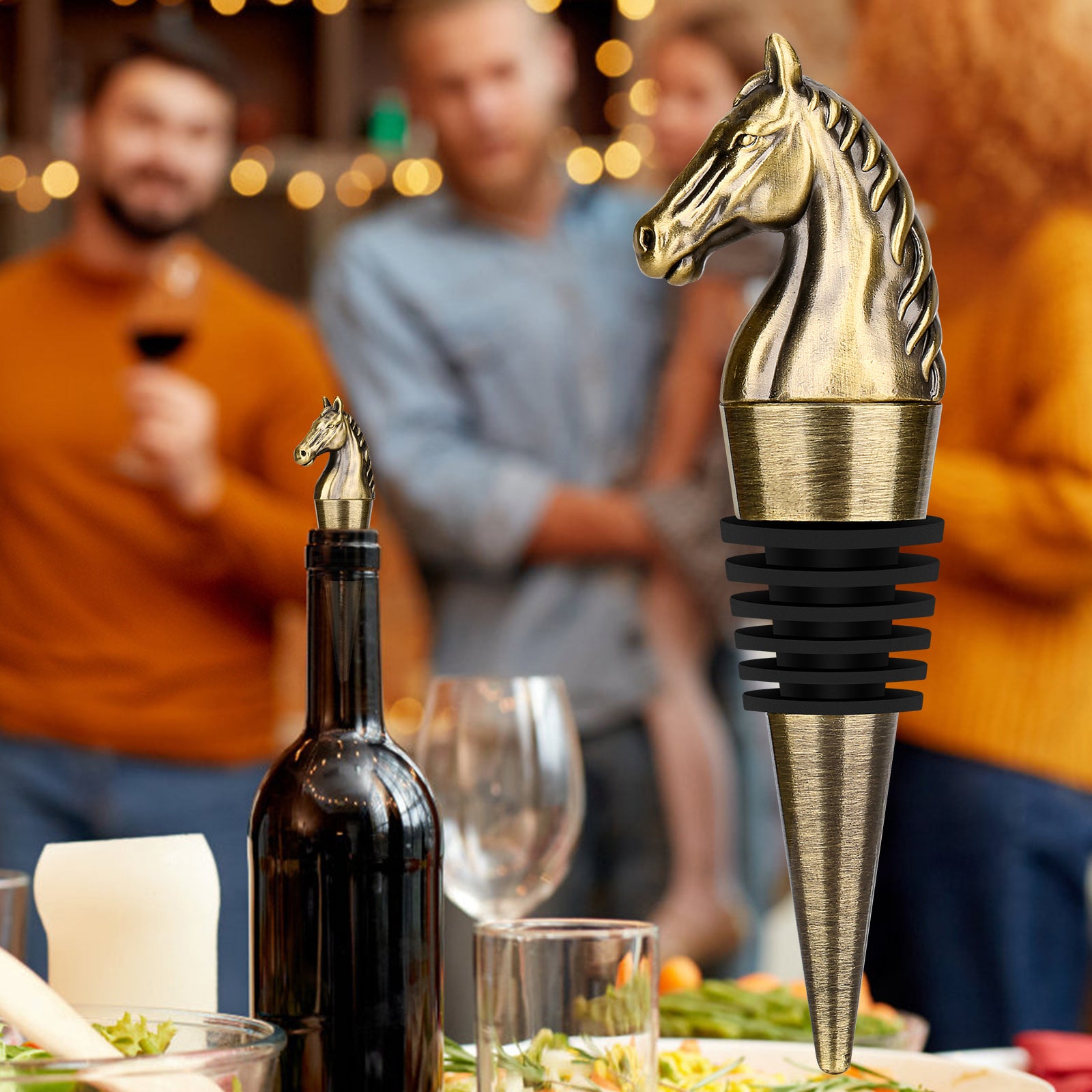 Horse head wine stopper with detailed design and measurements for wine bottle decor, 10cm tall.