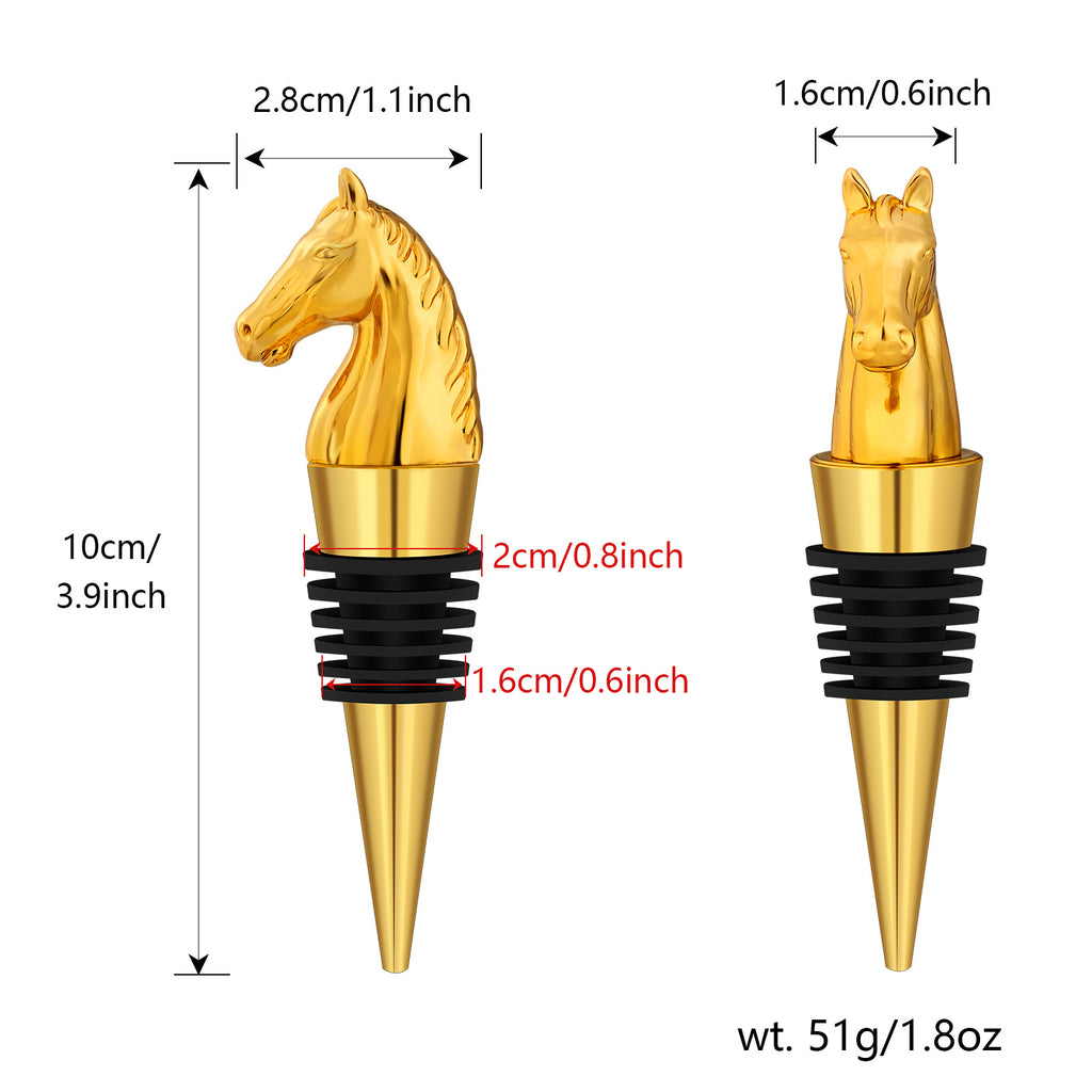 Horse head wine stopper with detailed design and measurements for wine bottle decor, 10cm tall.