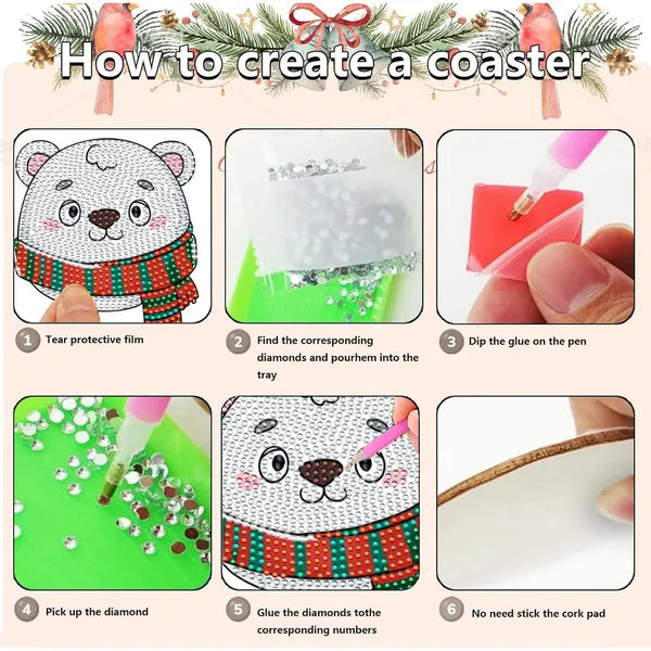Christmas Rhinestone Art Coasters Set of 6 – 5D DIY Diamond Painting – LumiqHome