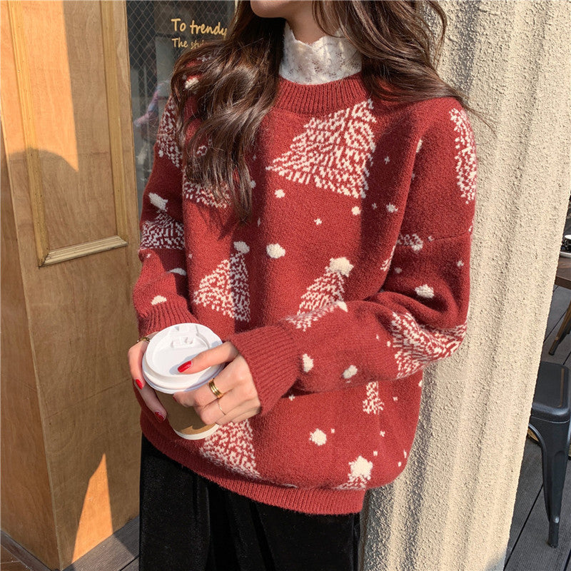 Red Christmas Tree Jacquard Warm Sweater Women by LumiqHome – elegant holiday home décor in a cozy setting