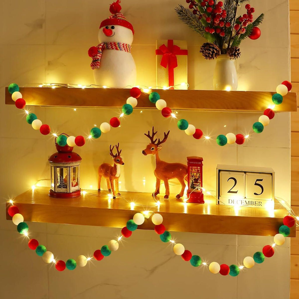 Felt Ball Garland with Warm Light String – Christmas Pom Pom Garland – LumiqHome