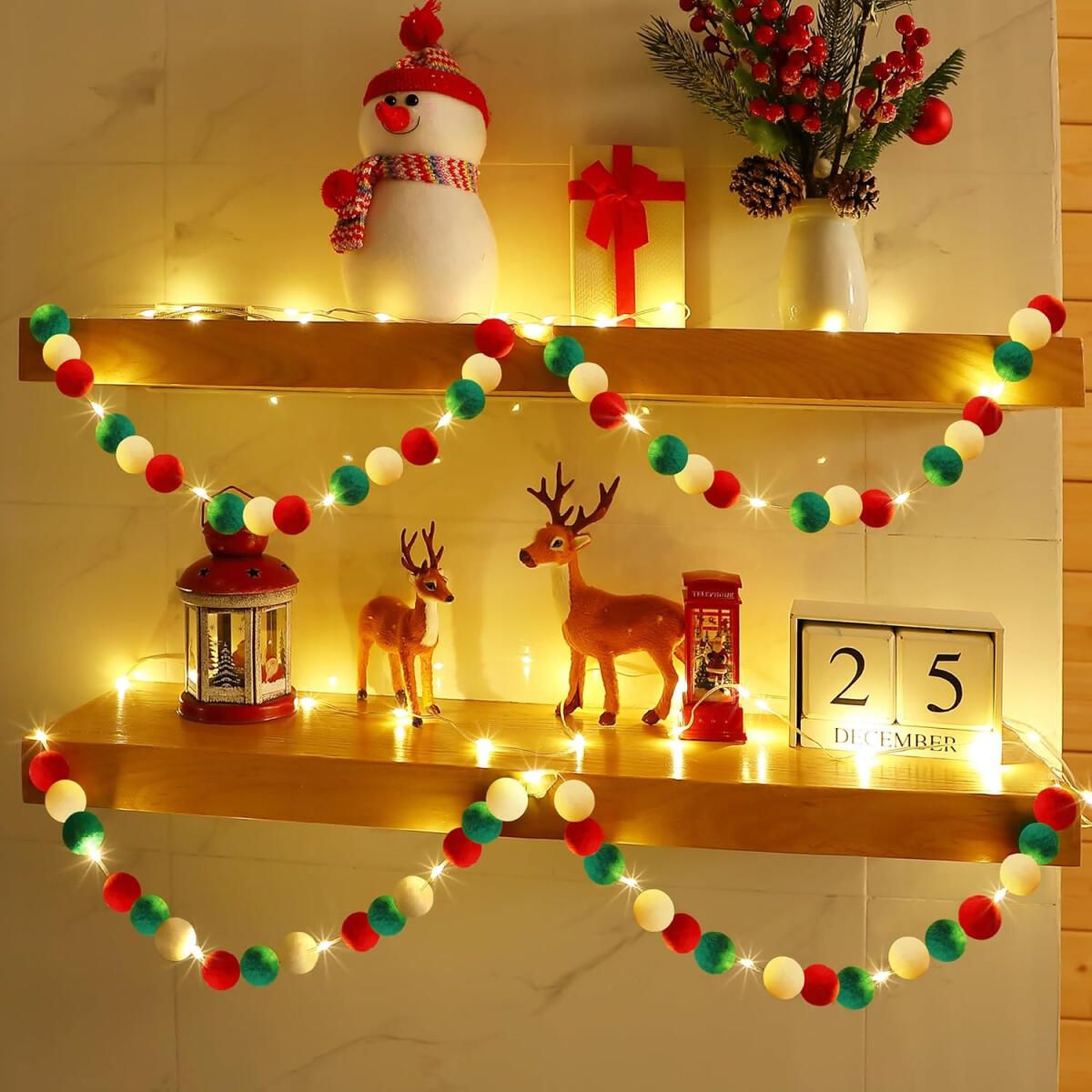 Felt Ball Garland with Warm Light String – Christmas Pom Pom Garland – LumiqHome