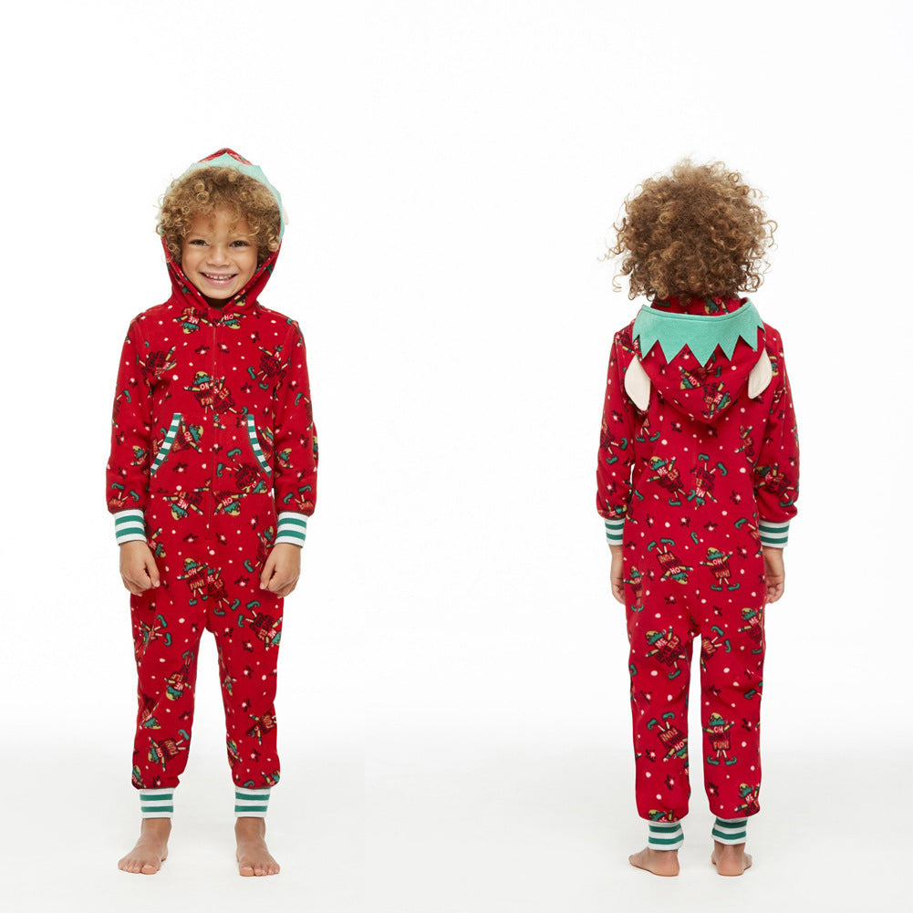 Parent-child hooded Christmas print jumpsuit adult woman red front LumiqHome